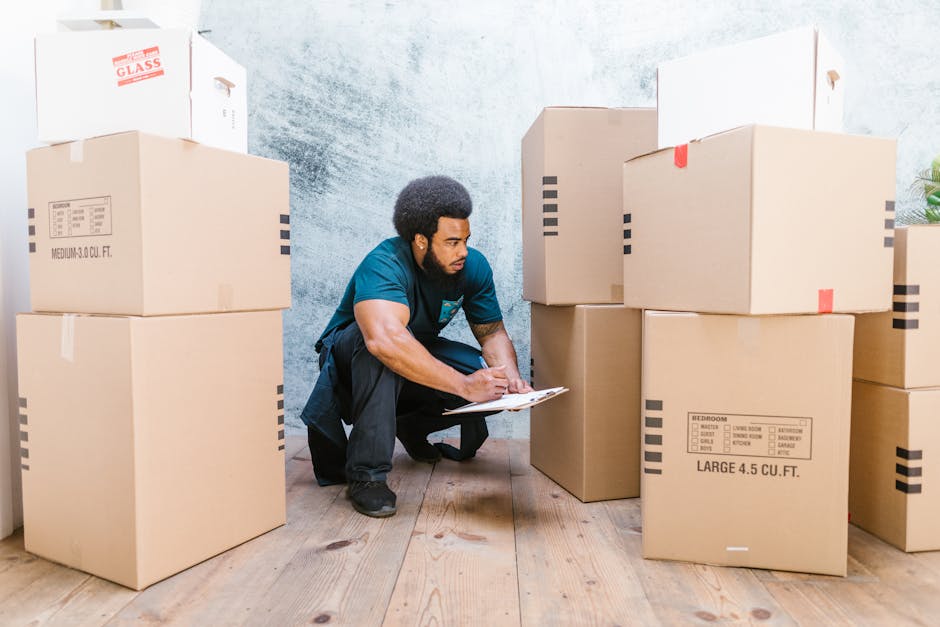 A man with dark curly hair, dressed in a blue t-shirt and black pants, is kneeling on a wooden floor inside a room filled with arranged cardboard moving boxes of various sizes, some labeled with dimensions such as 'Large 4.5 CU. FT.' and 'Medium 3.0 CU. FT.' He is holding a clipboard and appears to be inspecting or taking notes related to the packing and moving process. The boxes are stacked on the floor and some are positioned near a plain, light-colored wall with a slightly textured surface. There is natural lighting illuminating the scene, and a glimpse of a green plant can be seen on the right side of the image, suggesting an indoor environment prepared for the home relocation or furniture transport services provided by Man with Van Leamouth. The setting reflects a typical packing and loading phase during a house removals task, emphasizing careful documentation and organisation during the moving process.